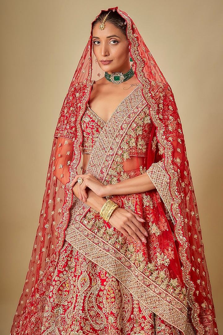 Red Raw Silk Hand Embroidered Bridal Lehenga Set by Kalighata at Pernia's Pop Up Shop