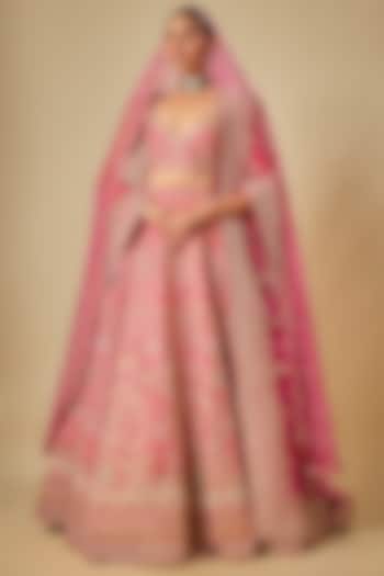 Rani Pink Raw Silk Hand & Machine Embroidered Bridal Lehenga Set by Kalighata at Pernia's Pop Up Shop
