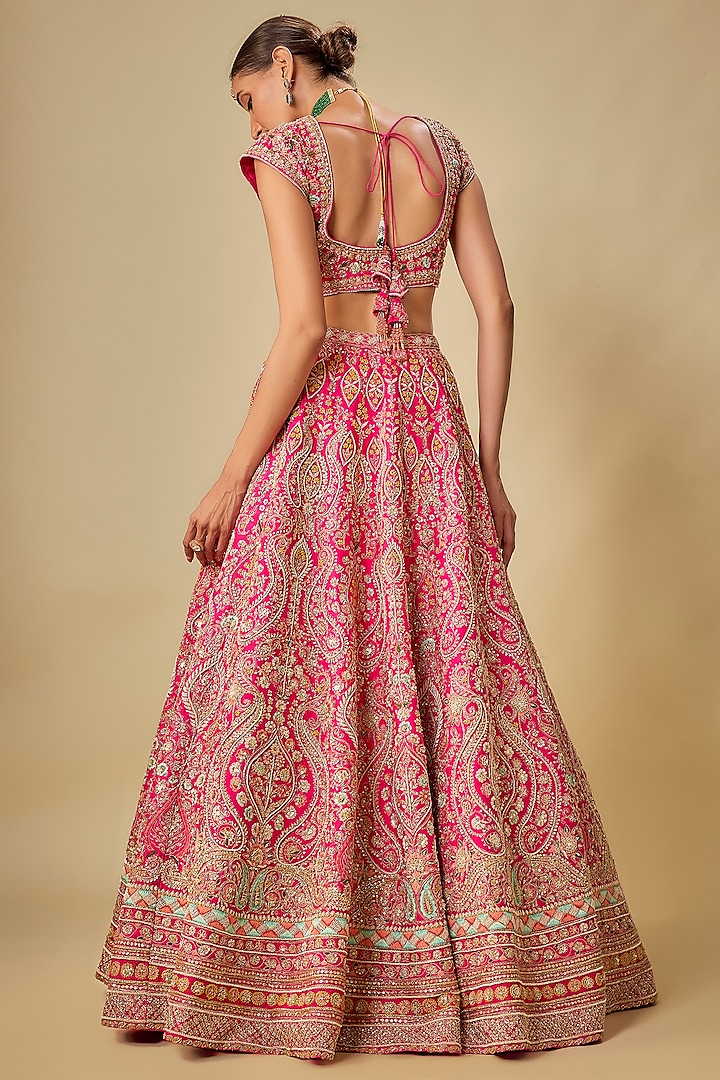 Rani Pink Raw Silk Hand & Machine Embroidered Bridal Lehenga Set by Kalighata at Pernia's Pop Up Shop