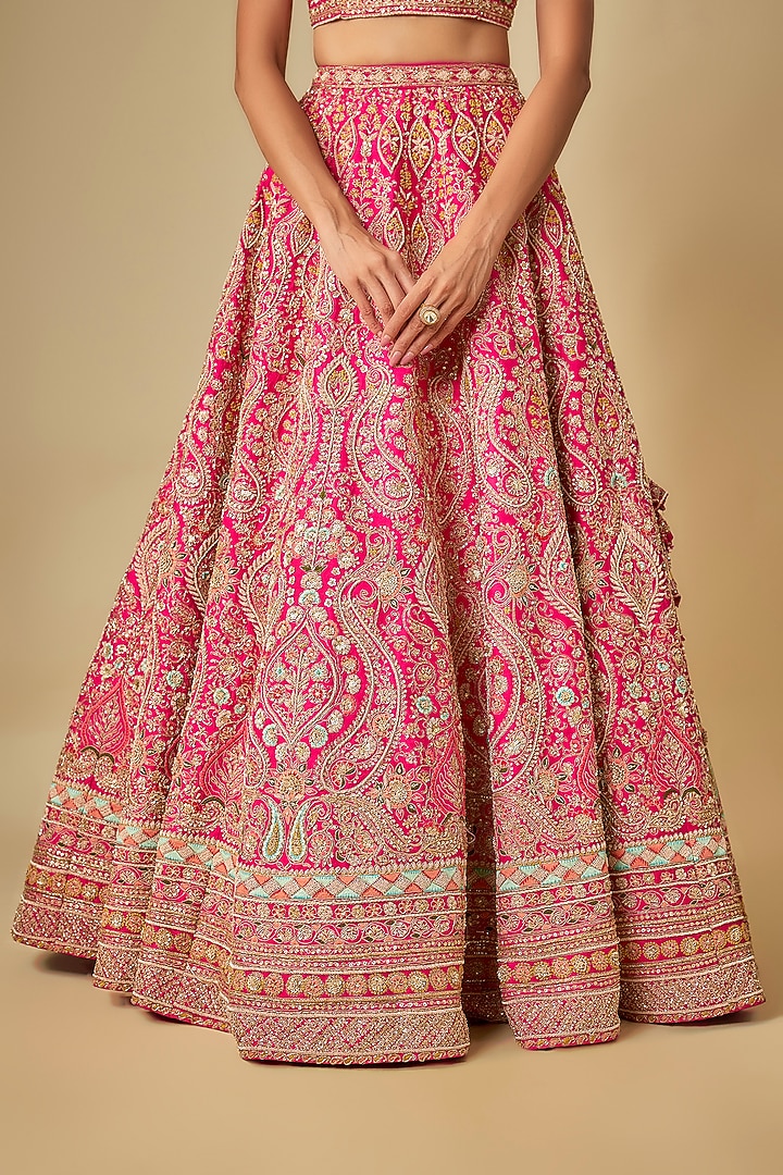 Rani Pink Raw Silk Hand & Machine Embroidered Bridal Lehenga Set by Kalighata at Pernia's Pop Up Shop