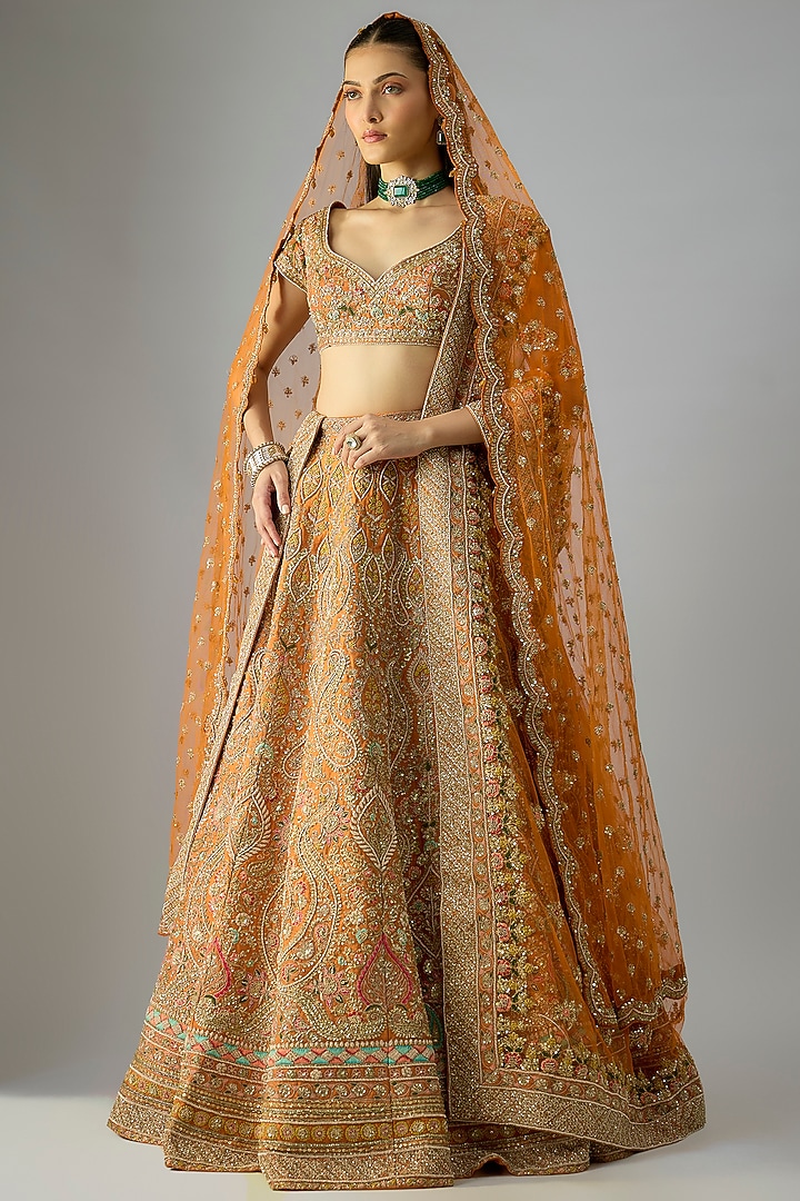 Rust Raw Silk Embroidered Bridal Lehenga Set by Kalighata at Pernia's Pop Up Shop