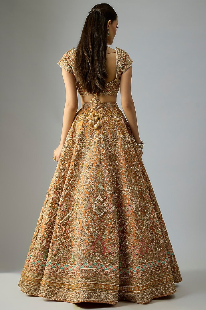 Rust Raw Silk Embroidered Bridal Lehenga Set by Kalighata at Pernia's Pop Up Shop