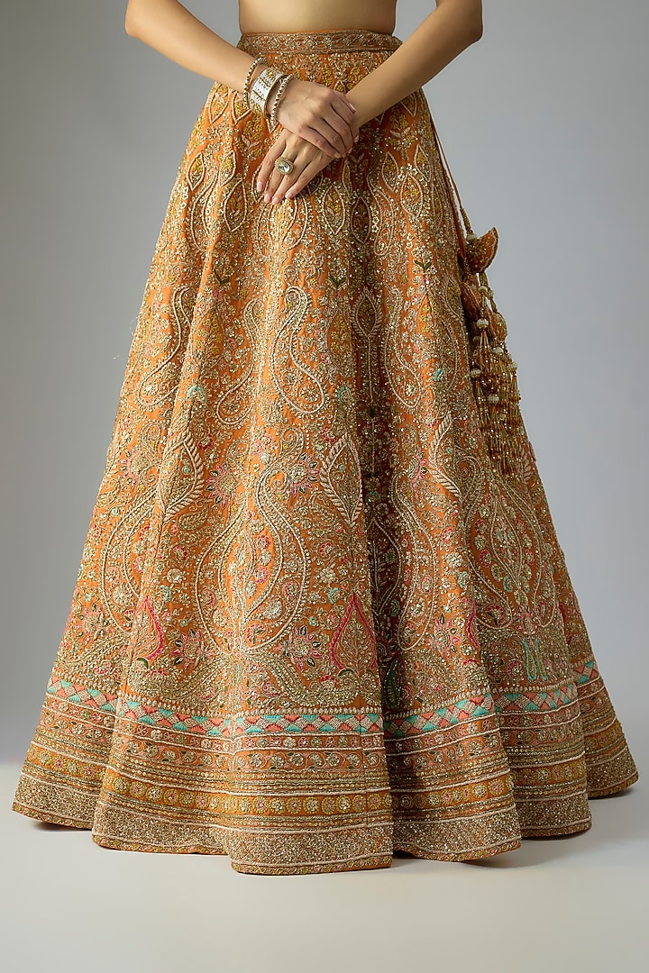 Rust Raw Silk Embroidered Bridal Lehenga Set by Kalighata at Pernia's Pop Up Shop