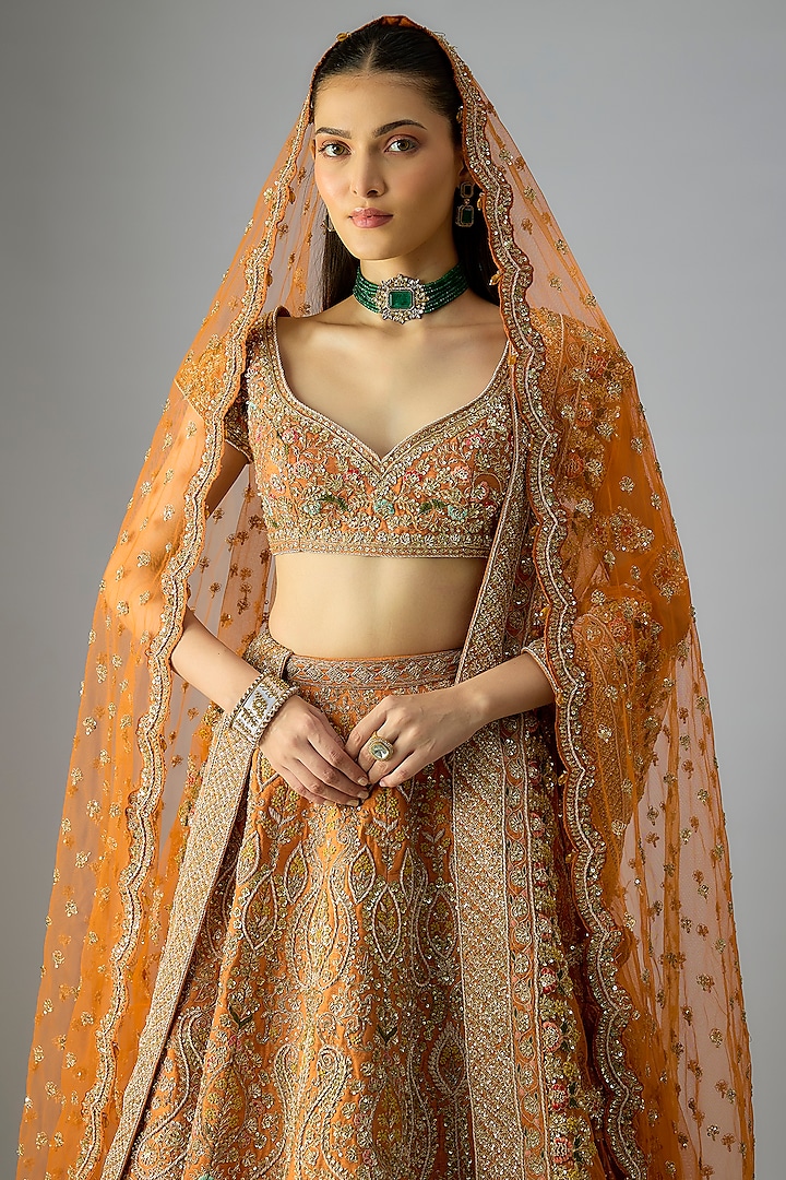 Rust Raw Silk Embroidered Bridal Lehenga Set by Kalighata at Pernia's Pop Up Shop