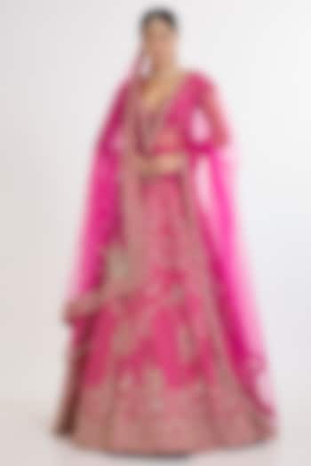 Rani Pink Raw Silk Zardosi Embroidered Bridal Lehenga Set by Kalighata at Pernia's Pop Up Shop