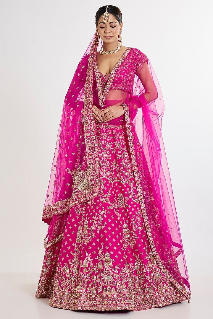 Rani Pink Raw Silk Zardosi Embroidered Bridal Lehenga Set by Kalighata at Pernia's Pop Up Shop