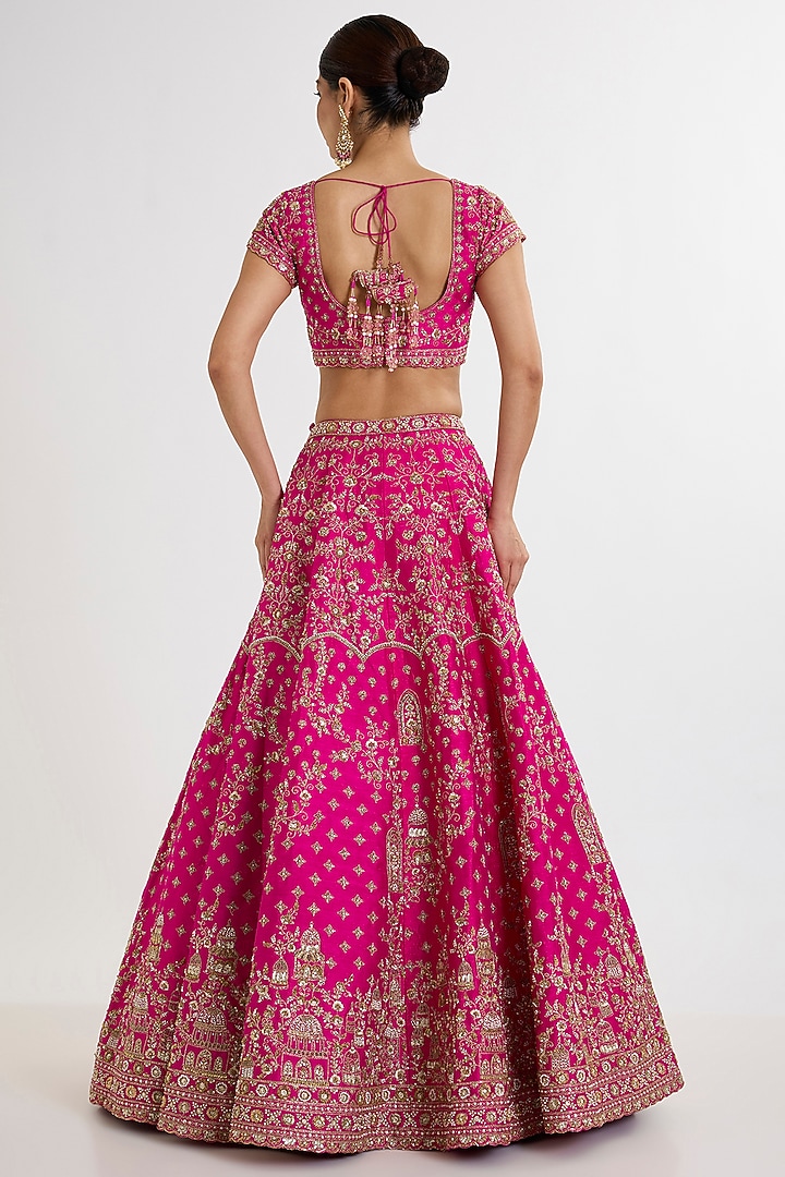 Rani Pink Raw Silk Zardosi Embroidered Bridal Lehenga Set by Kalighata at Pernia's Pop Up Shop