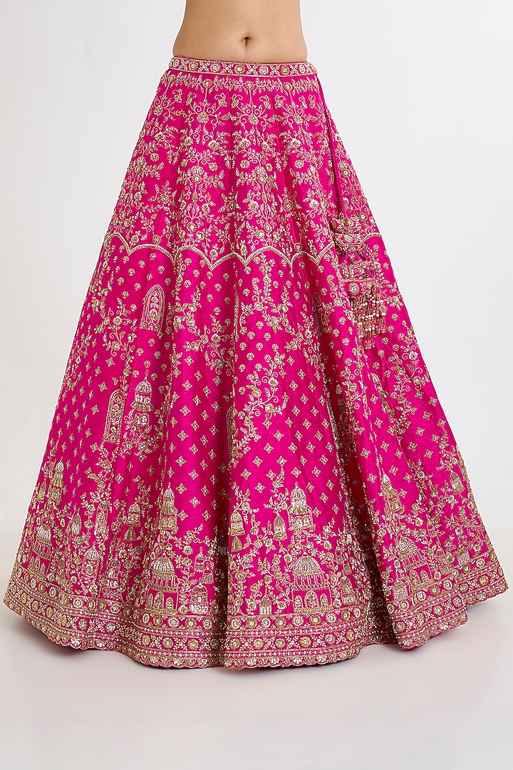 Rani Pink Raw Silk Zardosi Embroidered Bridal Lehenga Set by Kalighata at Pernia's Pop Up Shop