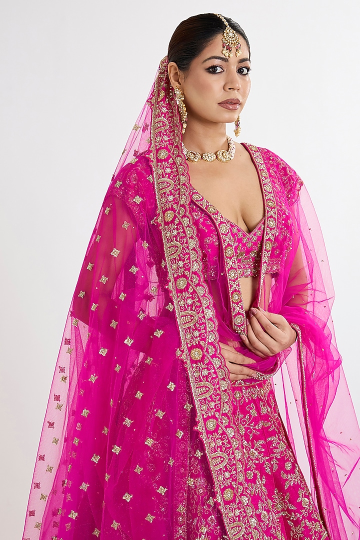 Rani Pink Raw Silk Zardosi Embroidered Bridal Lehenga Set by Kalighata at Pernia's Pop Up Shop