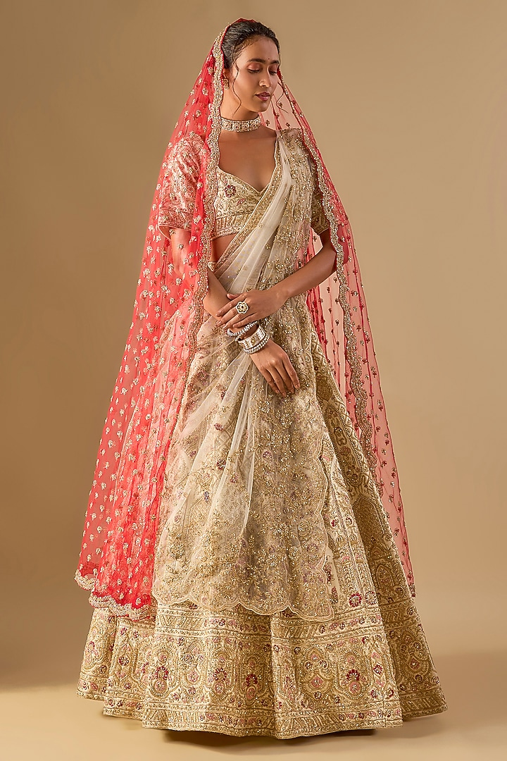 Ivory Raw Silk Zardosi Embellished Bridal Lehenga Set by Kalighata at Pernia's Pop Up Shop