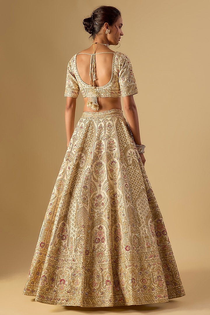 Ivory Raw Silk Zardosi Embellished Bridal Lehenga Set by Kalighata at Pernia's Pop Up Shop