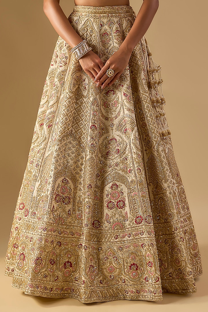 Ivory Raw Silk Zardosi Embellished Bridal Lehenga Set by Kalighata at Pernia's Pop Up Shop