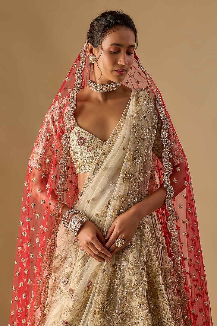 Ivory Raw Silk Zardosi Embellished Bridal Lehenga Set by Kalighata at Pernia's Pop Up Shop