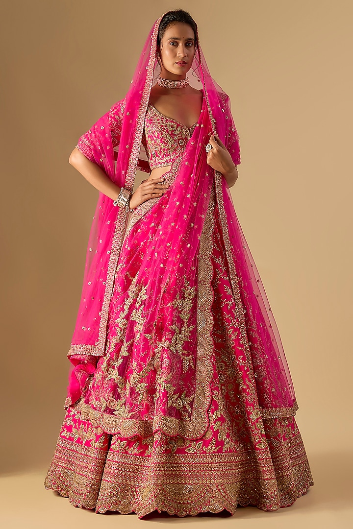 Rani Pink Raw Silk Zardosi Embellished Bridal Lehenga Set by Kalighata at Pernia's Pop Up Shop