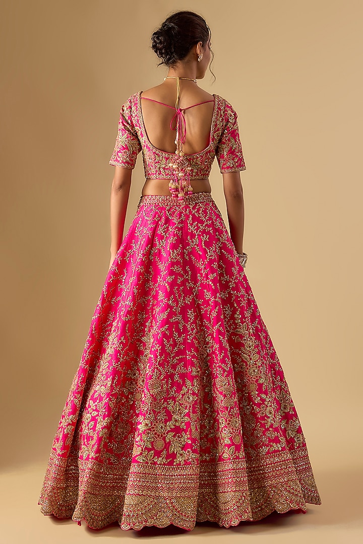 Rani Pink Raw Silk Zardosi Embellished Bridal Lehenga Set by Kalighata at Pernia's Pop Up Shop