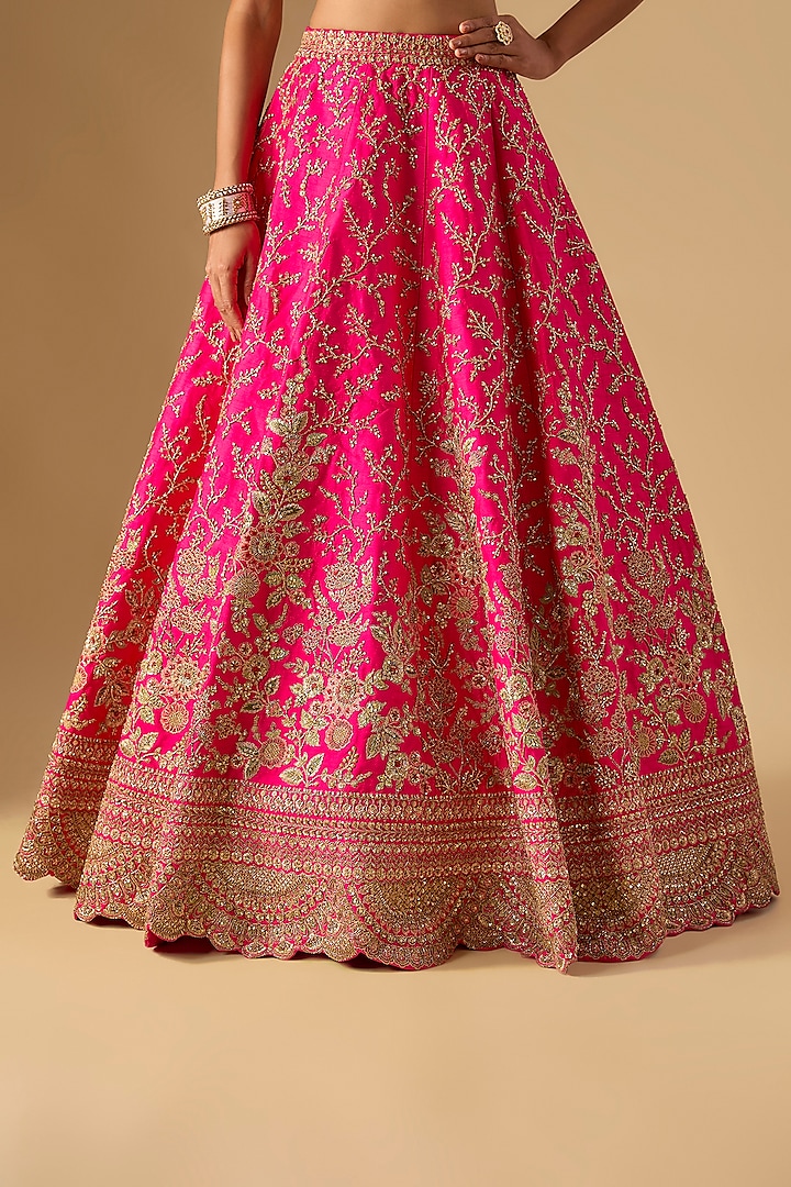 Rani Pink Raw Silk Zardosi Embellished Bridal Lehenga Set by Kalighata at Pernia's Pop Up Shop