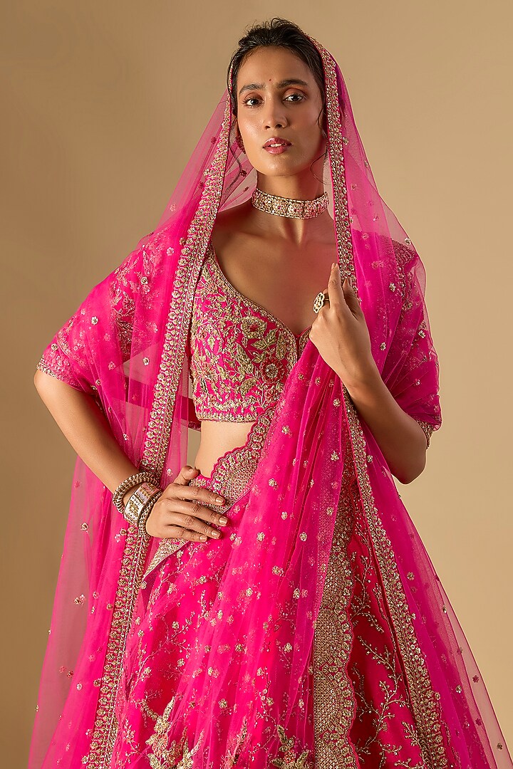 Rani Pink Raw Silk Zardosi Embellished Bridal Lehenga Set by Kalighata at Pernia's Pop Up Shop
