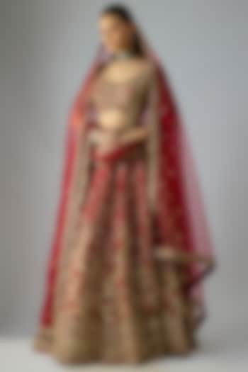 Maroon Raw Silk Embroidered Bridal Lehenga Set by Kalighata at Pernia's Pop Up Shop