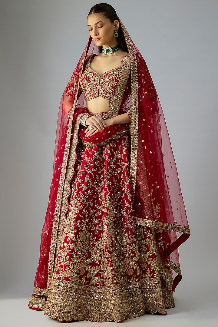 Maroon Raw Silk Embroidered Bridal Lehenga Set by Kalighata at Pernia's Pop Up Shop