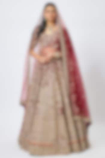 Maroon Raw Silk Cutdana Hand & Machine Embroidered Bridal Lehenga Set by Kalighata at Pernia's Pop Up Shop