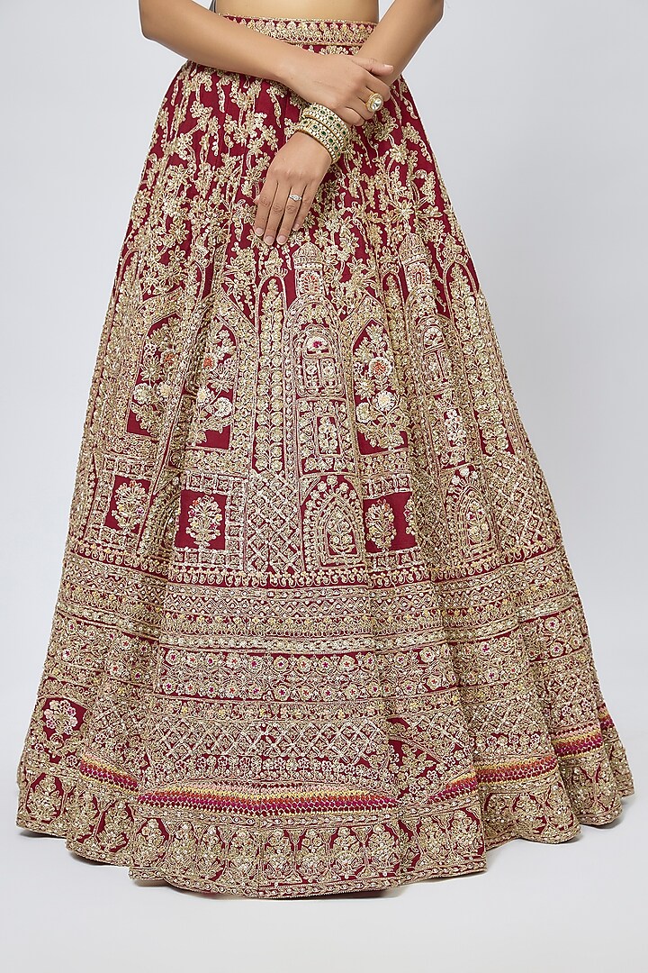 Maroon Raw Silk Cutdana Hand & Machine Embroidered Bridal Lehenga Set by Kalighata at Pernia's Pop Up Shop