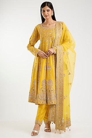 Mustard Chanderi Embroidered Anarkali Set by Kalighata