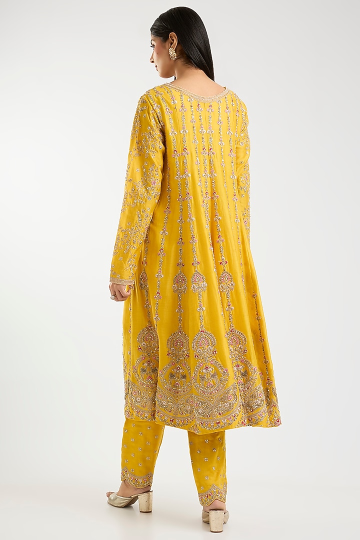 Mustard Chanderi Embroidered Bridal Anarkali Set by Kalighata at Pernia's Pop Up Shop