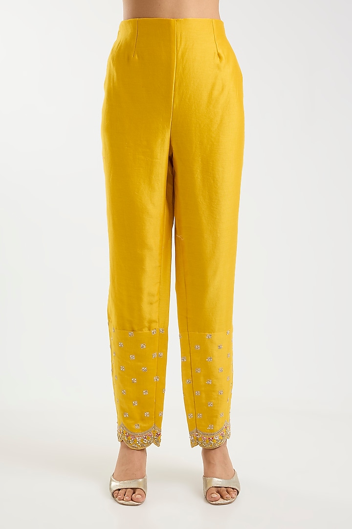 Mustard Chanderi Embroidered Bridal Anarkali Set by Kalighata at Pernia's Pop Up Shop