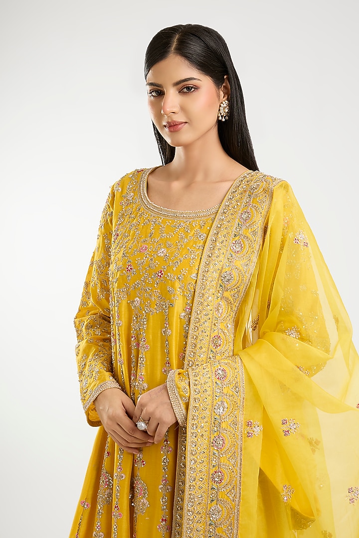 Mustard Chanderi Embroidered Bridal Anarkali Set by Kalighata at Pernia's Pop Up Shop
