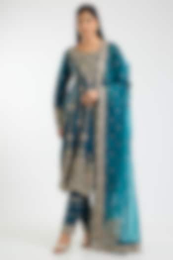 Teal Blue Chanderi Embroidered Bridal Anarkali Set by Kalighata at Pernia's Pop Up Shop