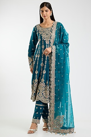 Teal Blue Chanderi Embroidered Anarkali Set by Kalighata