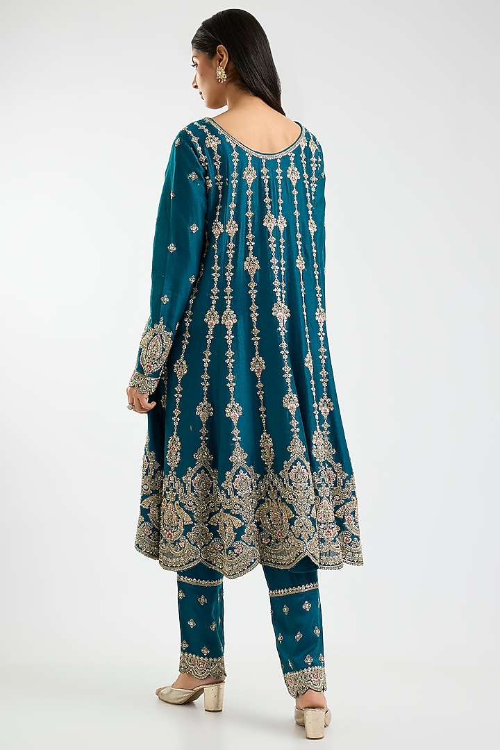 Teal Blue Chanderi Embroidered Bridal Anarkali Set by Kalighata at Pernia's Pop Up Shop