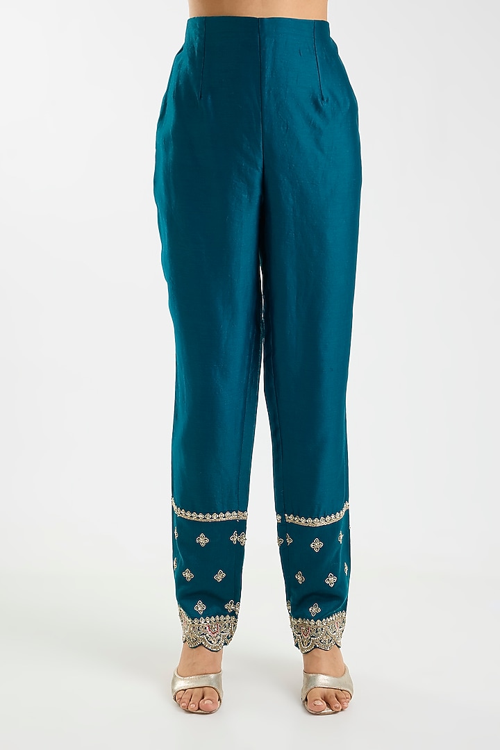 Teal Blue Chanderi Embroidered Bridal Anarkali Set by Kalighata at Pernia's Pop Up Shop