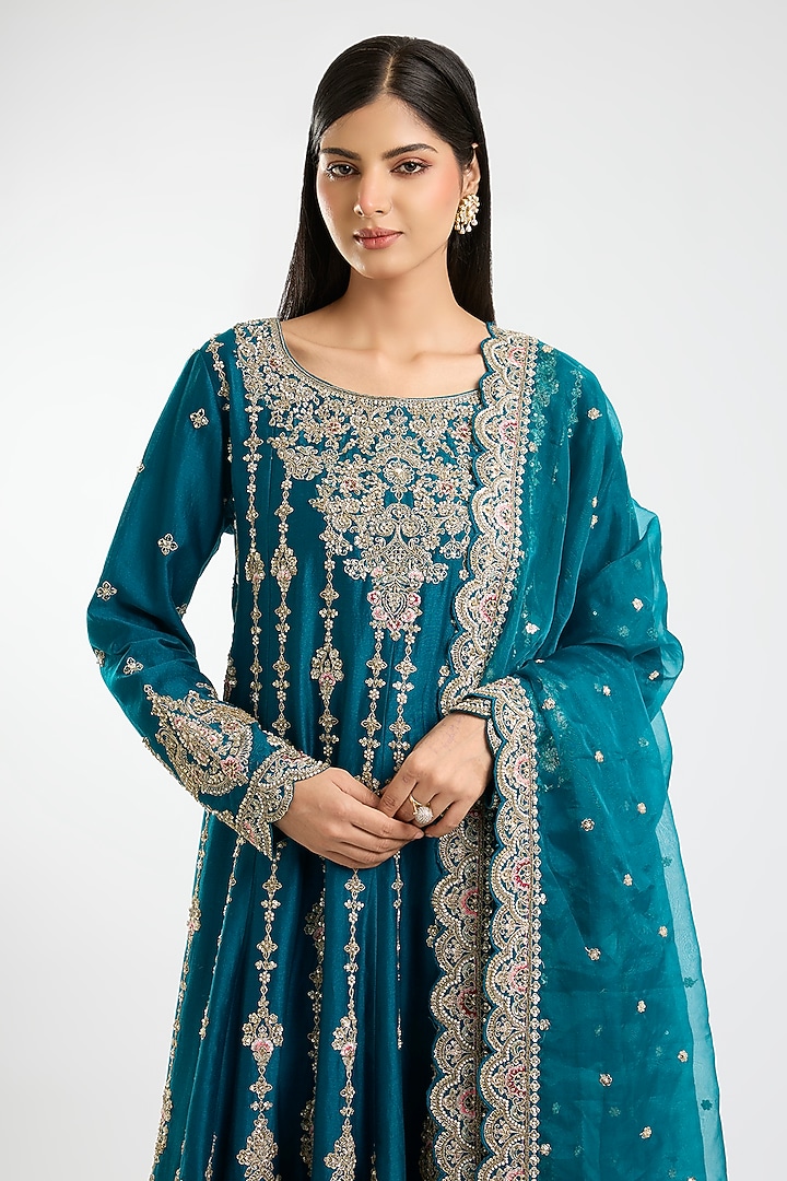Teal Blue Chanderi Embroidered Bridal Anarkali Set by Kalighata at Pernia's Pop Up Shop