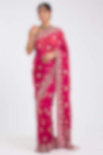 Rani Pink Organza Embroidered Reception Saree Set by Kalighata at Pernia's Pop Up Shop