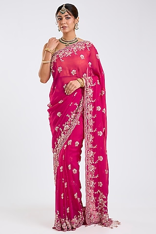 Rani Pink Organza Embroidered Saree Set by Kalighata