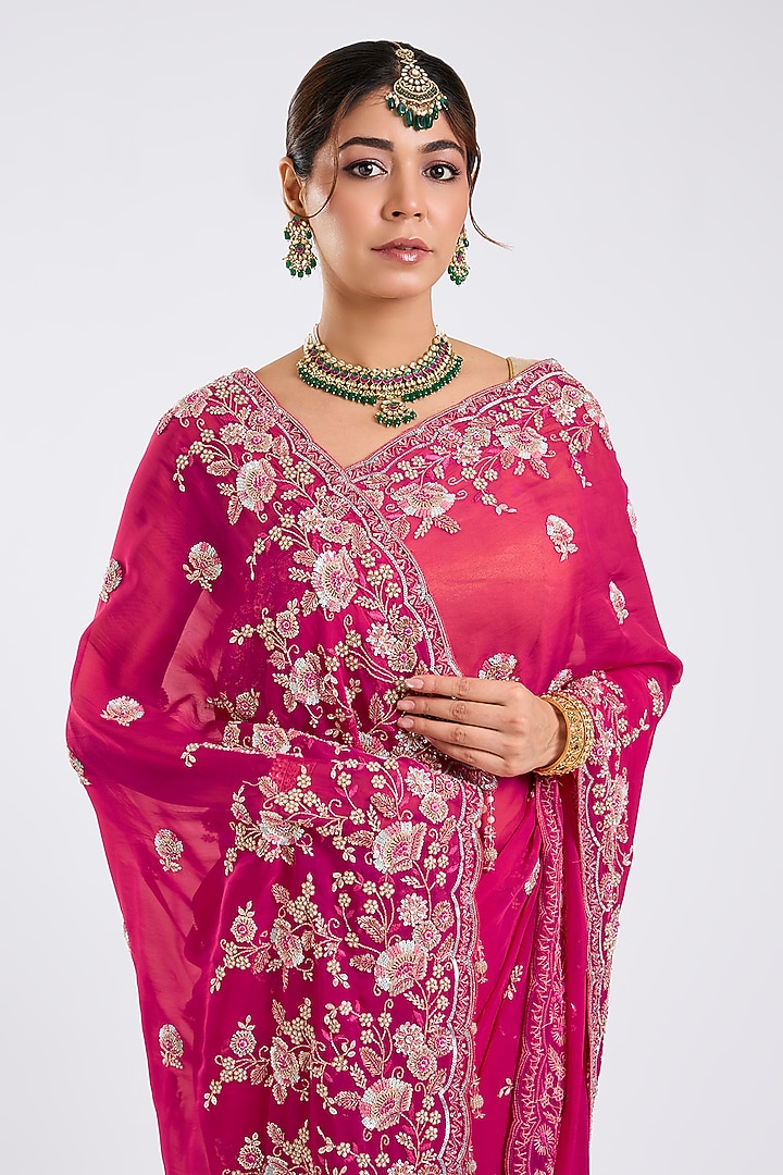 Rani Pink Organza Embroidered Reception Saree Set by Kalighata at Pernia's Pop Up Shop