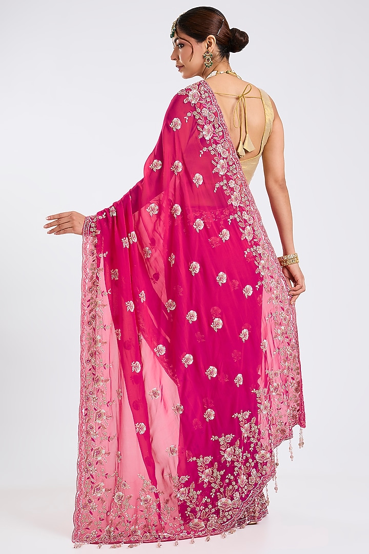 Rani Pink Organza Embroidered Reception Saree Set by Kalighata at Pernia's Pop Up Shop