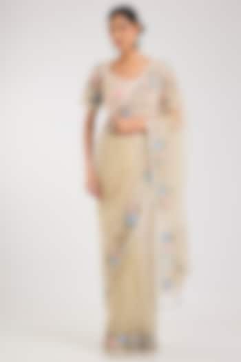 Cream Net Embroidered Reception Saree Set by Kalighata at Pernia's Pop Up Shop