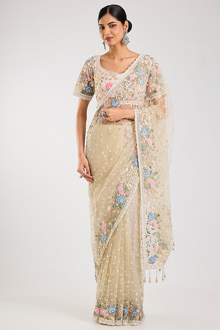 Cream Net Embroidered Reception Saree Set by Kalighata at Pernia's Pop Up Shop