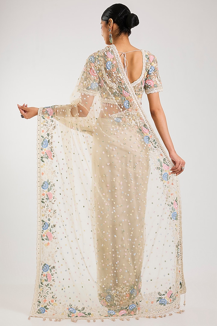Cream Net Embroidered Reception Saree Set by Kalighata at Pernia's Pop Up Shop