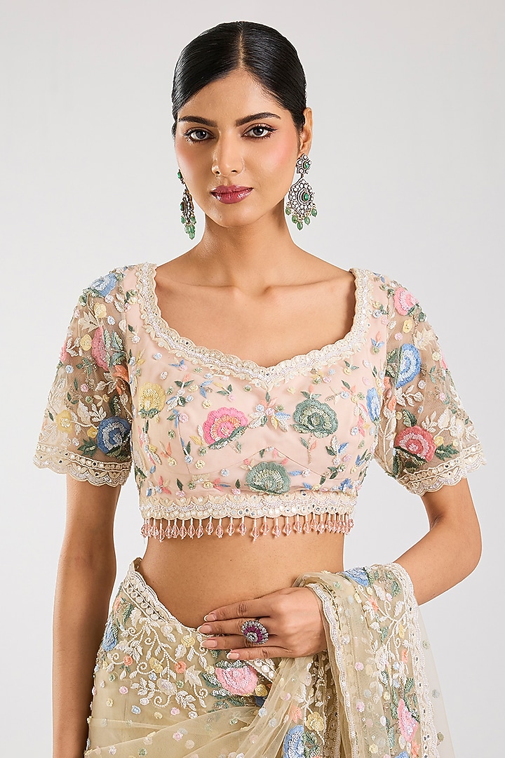Cream Net Embroidered Reception Saree Set by Kalighata at Pernia's Pop Up Shop