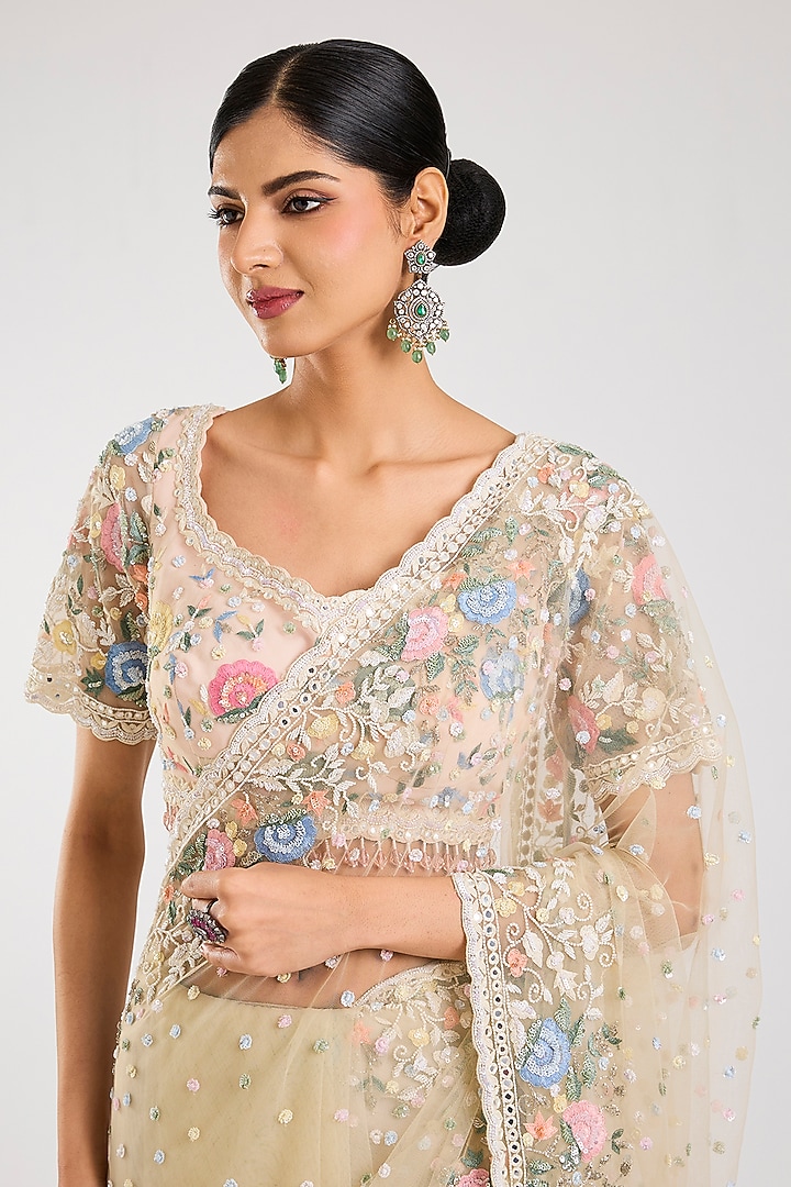Cream Net Embroidered Reception Saree Set by Kalighata at Pernia's Pop Up Shop