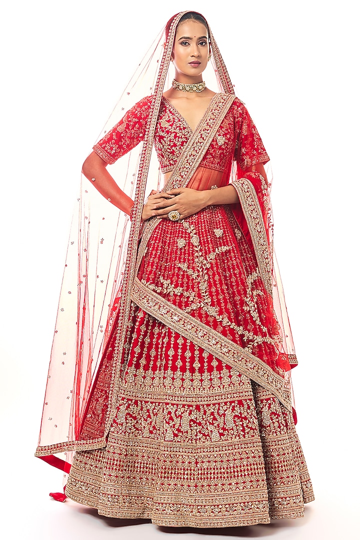 Red Raw Silk Embroidered Bridal Lehenga Set by Kalighata at Pernia's Pop Up Shop
