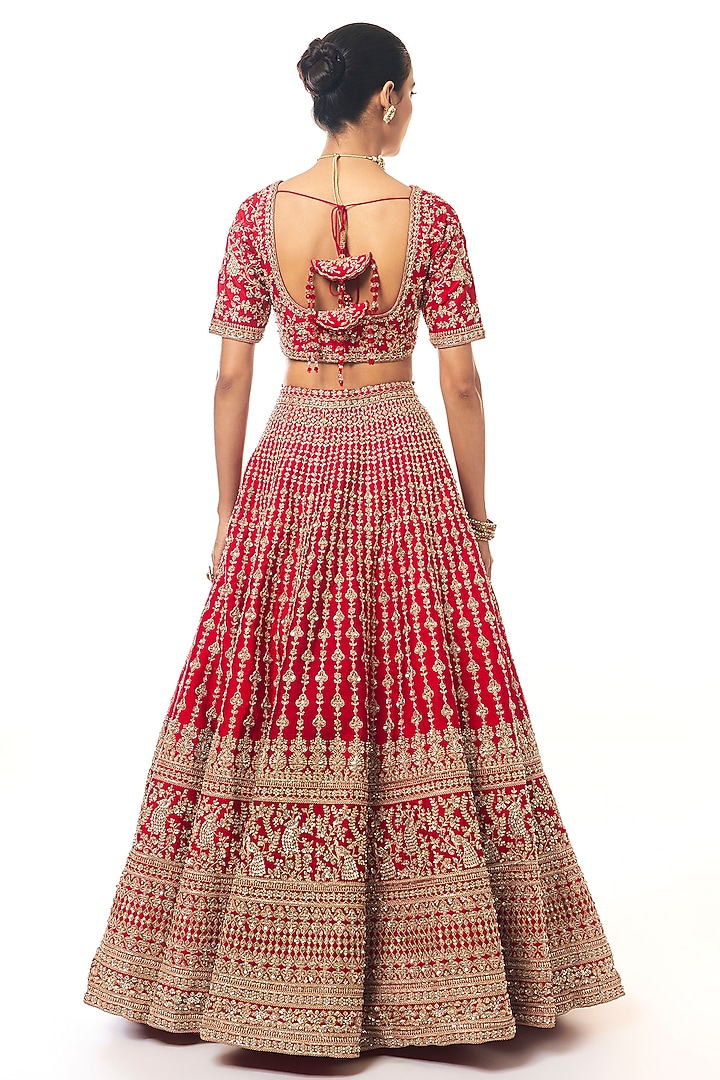 Red Raw Silk Embroidered Bridal Lehenga Set by Kalighata at Pernia's Pop Up Shop