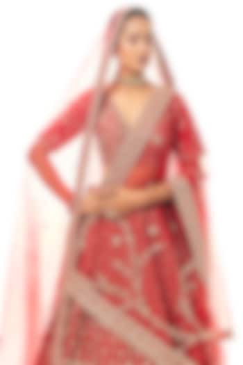 Red Raw Silk Embroidered Bridal Lehenga Set by Kalighata at Pernia's Pop Up Shop