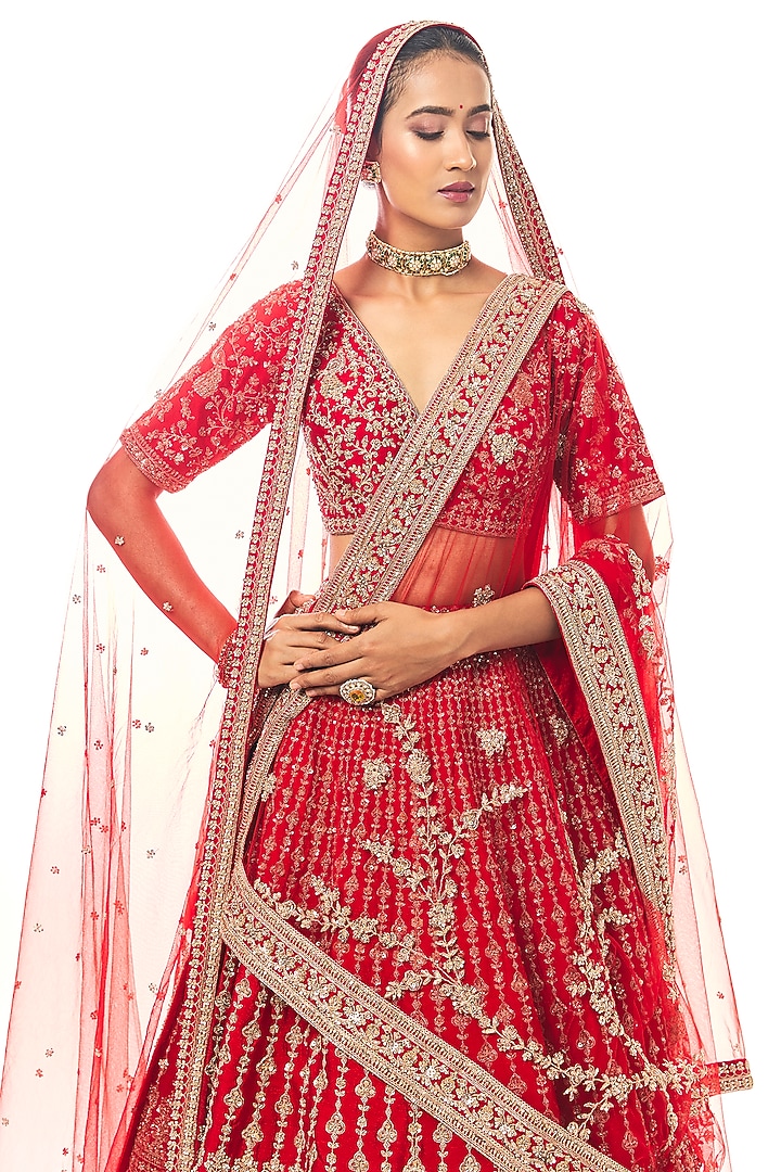 Red Raw Silk Embroidered Bridal Lehenga Set by Kalighata at Pernia's Pop Up Shop