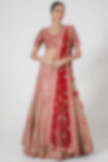 Red Gota Temple Bridal Lehenga Set by Kalighata at Pernia's Pop Up Shop