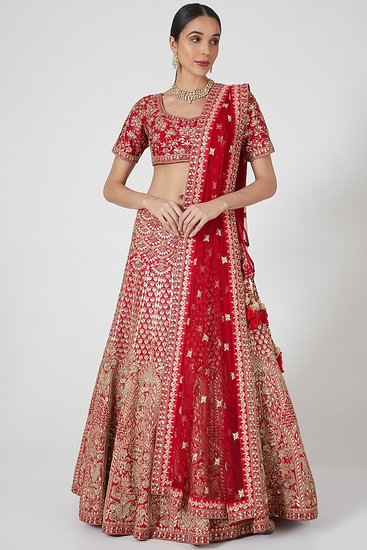 Red Gota Temple Bridal Lehenga Set by Kalighata at Pernia's Pop Up Shop