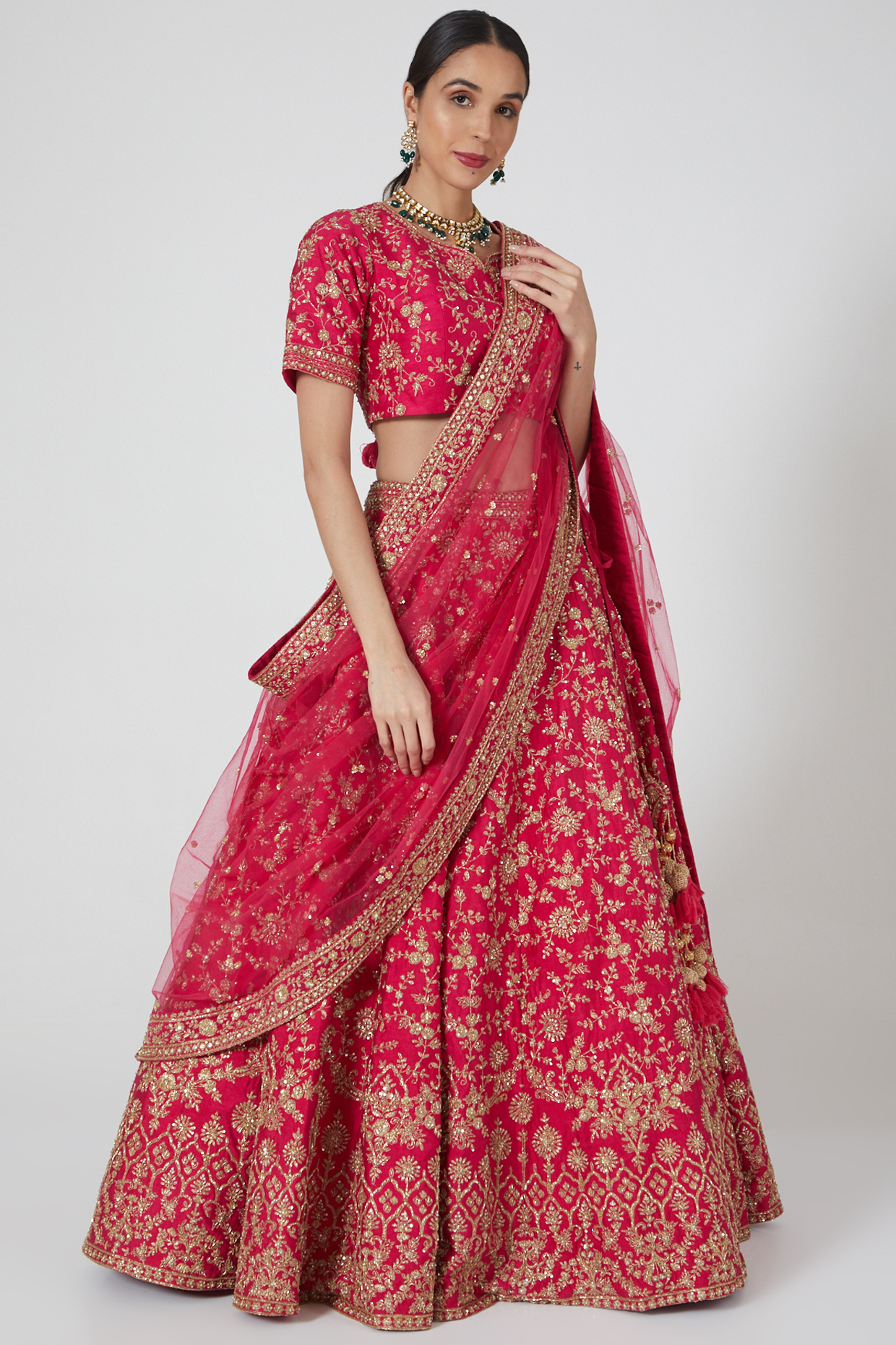 Fuchsia Zari Embroidered Lehenga Set by Kalighata